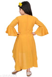 Yellow, satin, long sleeve party dress with ruffled cuffs and hem
