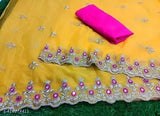 Yellow Pink Silicon Silk Net Zari Embroidery Saree, free size with mirror work and embroidery, India origin