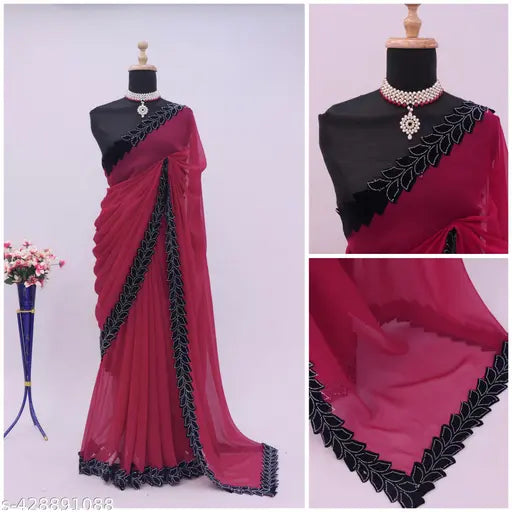 Georgette cherry saree with heavy lace, long sleeves