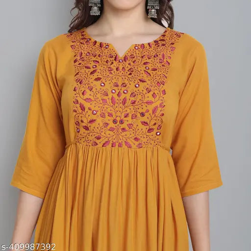 Rayon embroidered A-line kurta, three-quarter sleeves, fashion patti, India