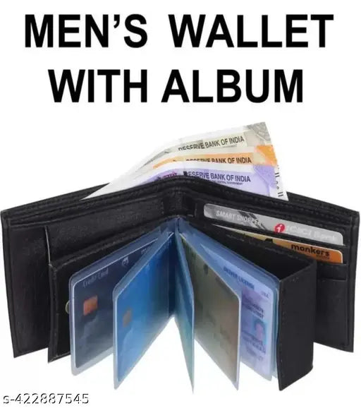Faux leather/leatherette ATM Album Men's Wallet, 5 compartments, free size (14cm x 5cm), classic bi-fold design, perfect for travel or office use