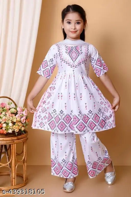 Pink rayon cotton kurti set with plazzo, perfect for summer party wear for girls aged 1-10 years, featuring A-line tops and three-quarter sleeves