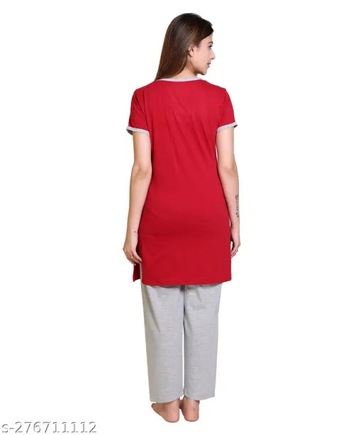 EMAX summer casual cotton blend nightwear, printed round neck half sleeve night suit set for women's - soft, comfortable pyjamas in vibrant print