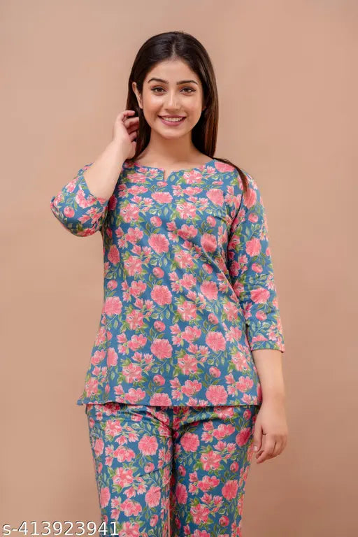 Flower blue cotton night suit, printed net pattern for men in M, L, XL, XXL sizes - Indian made quality pyjamas
