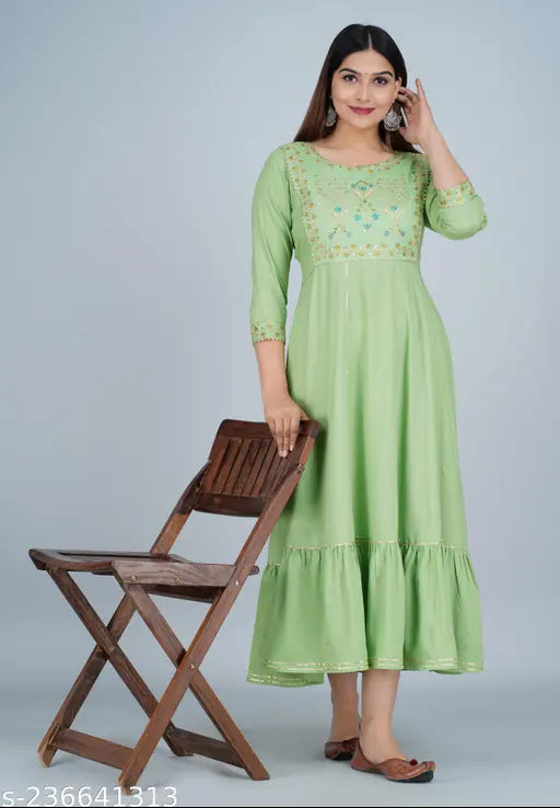 Embroidered rayon anarkali kurta for women, three-quarter sleeve, Indian traditional attire
