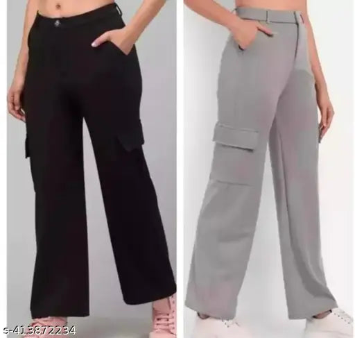 Gray and black cargo pants with four pockets, designed in a cargos style