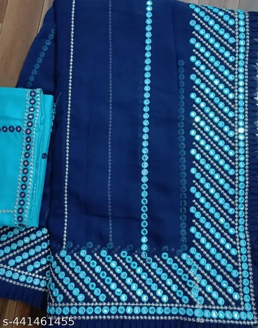 Royal blue embellished saree with sequin work, long pallu and matching bolso