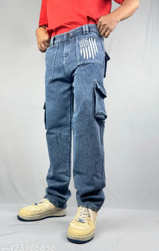 Men's blue cargo jeans with printed details and adjustable straps