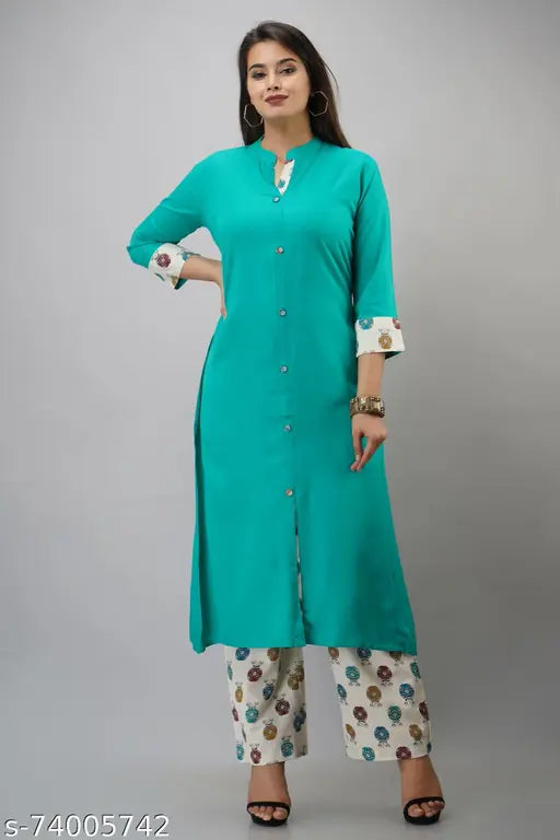 Rayon a-line kurta set with cotton palazzo pants, pure MAUKA women's fashion in solid hues, India-made