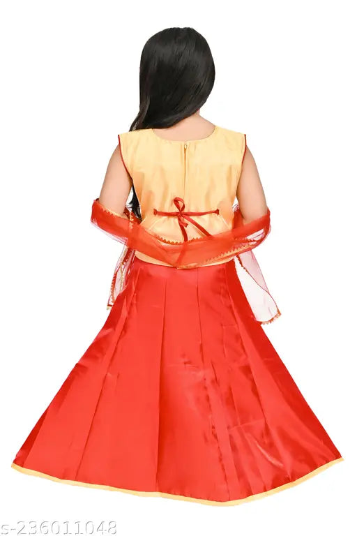 Red satin girl's gown with yellow bodice and frilly sleeves, 000sp0016TR