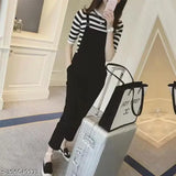 Women's black & white cotton blend jumpsuit with tee, solid pattern, three-quarter sleeves