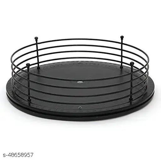 Black, metal, tiered utensil holder tray with 2 levels and 6 compartments, designed as a lazy susan for efficient kitchen organization