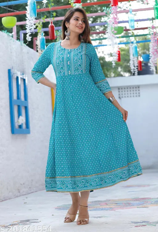 Rayon three-quarter sleeve Trandy Firogi printed Anarkali kurtis, traditional Firogi print and buttons, India