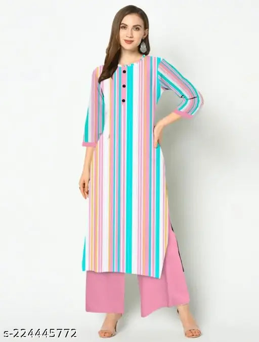 Cotton printed net kurti palazzo set for women, featuring three-quarter sleeves and palazzos bottoms. Comfortable, stylish, and pure cotton from India