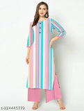 Cotton printed net kurti palazzo set for women, featuring three-quarter sleeves and palazzos bottoms. Comfortable, stylish, and pure cotton from India