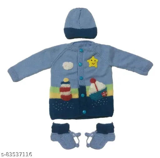 Multicolor hand-knit wool sweater set for babies (0-6 months) with cap and booties, featuring high-quality Vardhman wool