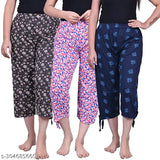 Three-piece women's lower waist, mid-calf printed cotton capris in a combo pack