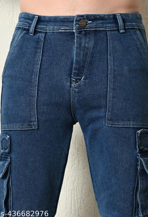 Men's blue denim cargo pants with two front pockets and zip closure