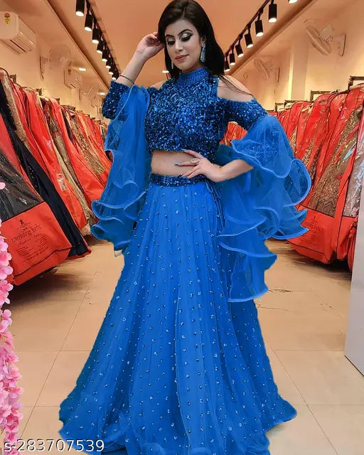 Velvet-embellished net lehenga choli for wedding, India-origin semi-stitched bridal wear with 44in waist, 44in length and 2m dupatta