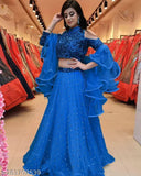 Velvet-embellished net lehenga choli for wedding, India-origin semi-stitched bridal wear with 44in waist, 44in length and 2m dupatta