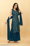 Teal embroidered kurta set with matching dupatta
