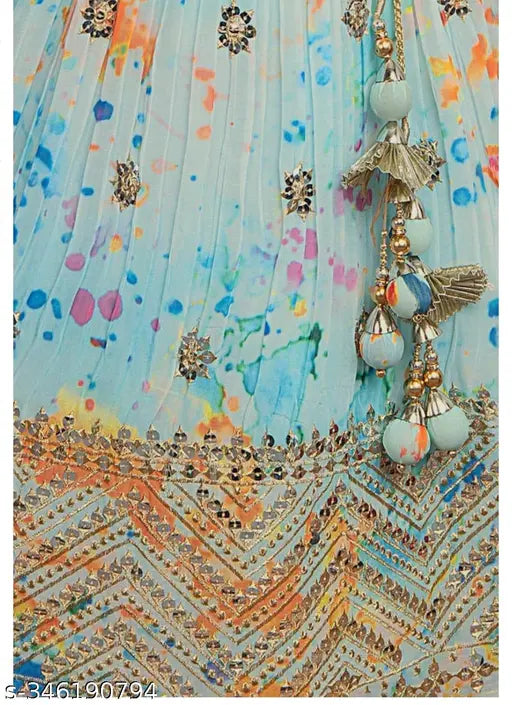 Silk georgette Gillkart lehenga set for 3-14 year old girls, embellished with printed dupatta and embroidered choli