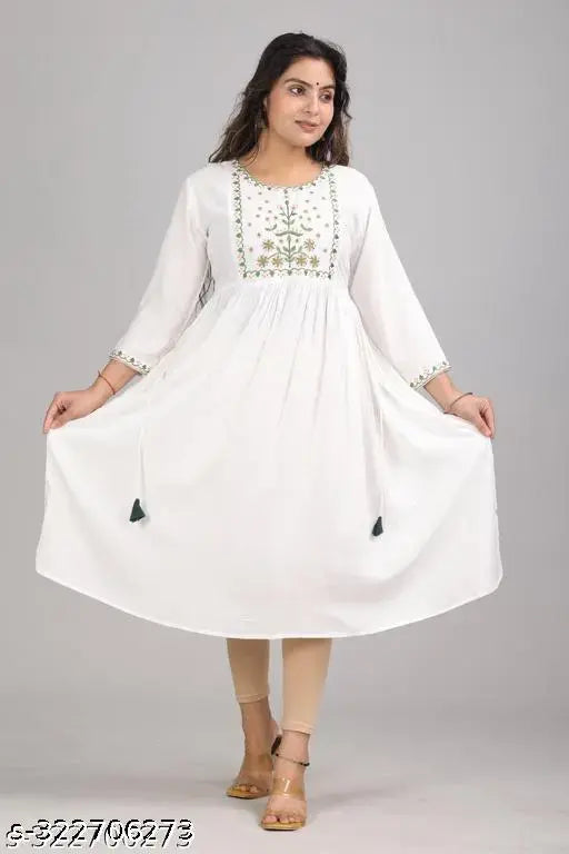 NK white rayon kurti, solid-patterned Indian women's three-quarter sleeve top