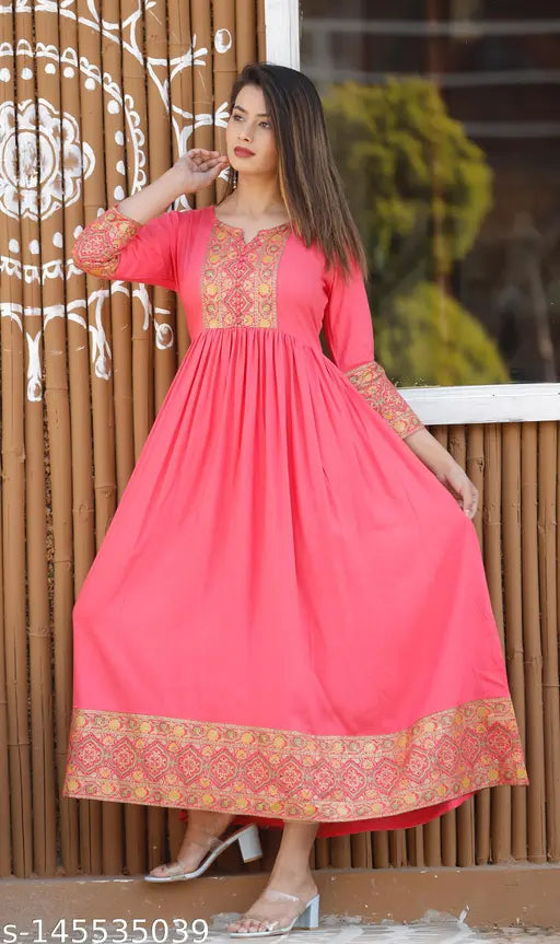 Red cotton long kurta with detailed embroidery