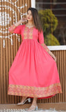 Red cotton long kurta with detailed embroidery