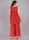 Red rayon printed short anarkali kurta sharara set with dupatta for women