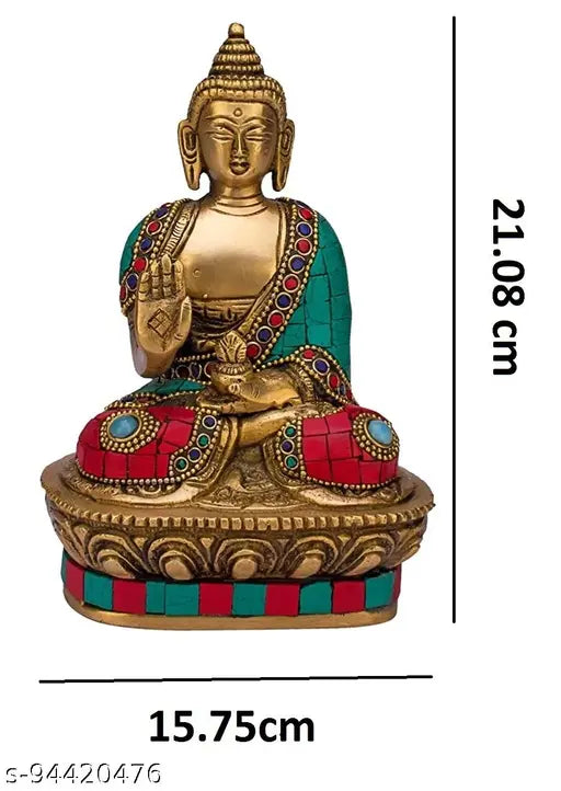Multicolor stone design brass statue of Lord Buddha, intricately crafted Indian Buddha figurine on pedestal