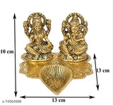 Gold-toned brass Ganesh Laxmi idol with oil lamp, Indian decorative showpiece - 10cm