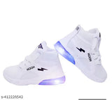 Black and white kids' shoes with blue LED lights and a shoe clip on the side