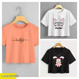 Printed Chanderi Silk CropTshirts Combo Pack of 3 for Women - Fashionable, short-sleeved tops in S, M, L, XL sizes