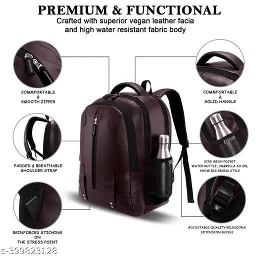Black faux leather laptop backpack, unisex and water-resistant with premium vegan material for 15.6" laptops. Features breathable mesh padding, adjustable shoulder straps, front pocket, and multiple compartments for books, wallets, and more. Perfect for college, office, travel, or school bags