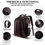 Black faux leather unisex laptop backpack, premium vegan material, 40L capacity, 15.6" laptop compatible, water-resistant base, adjustable shoulder straps