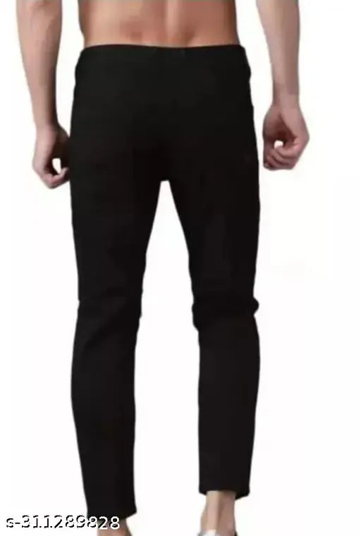 Black cotton blend flaying men knee slit jeans with rip net pattern, size 28, 30, or 32