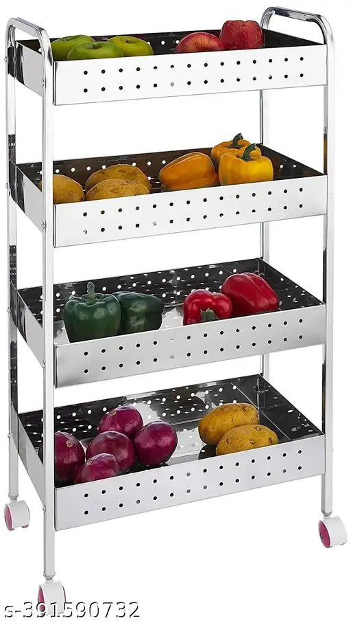 Stainless steel perforated folding fruit and vegetable trolley with 4 tiered storage, suitable for kitchen. Ideal for holding onions, spices, jars, cutlery, pickles. Modern design with black accent spots