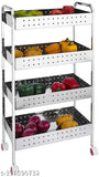 Stainless steel perforated folding fruit and vegetable trolley with 4 tiered storage, suitable for kitchen. Ideal for holding onions, spices, jars, cutlery, pickles. Modern design with black accent spots