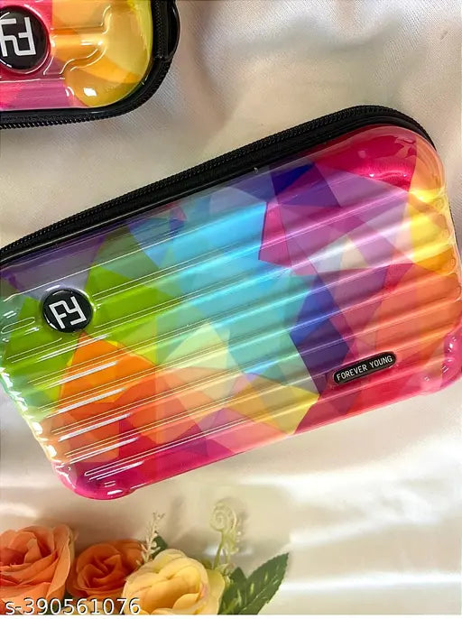 Colorful, modern women's multi-colored boxy sling bag with zip closure