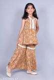 Misbis Girls Rayon Printed kurta and Shrara Set - A-line rayon top with sleeveless design, above knee length, in various sizes for girls aged 1-12 years old. Indian traditional clothing set without dupatta