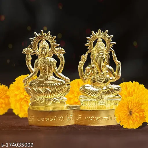 Gold-plated Lakshmi Ganesh showpiece, traditional Indian metal statues for Diwali decor, 11cm high