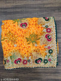 Vibrant Bandhani pattern on a light yellow georgette fabric saree, traditional embroidery design