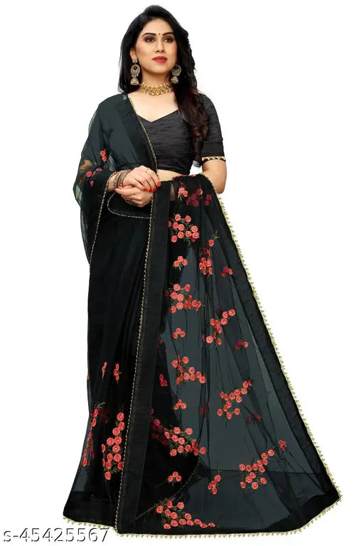 Indian Moti Lace net saree with unstitched blouse, floral embroidery for festive wear