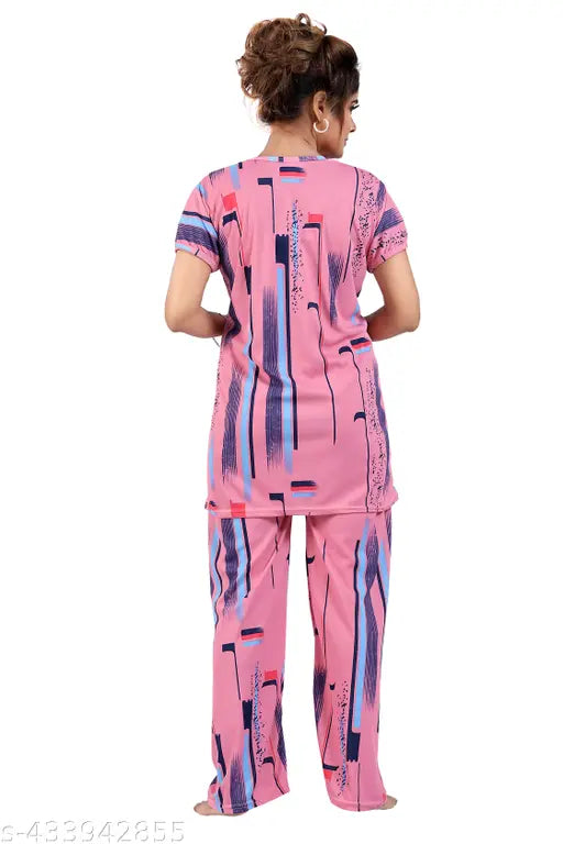 Women's printed polyester night suit with pocket, comfortable pyjamas for sleepwear