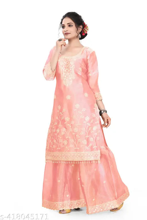 Pink embroidered kurta with matching dupatta set