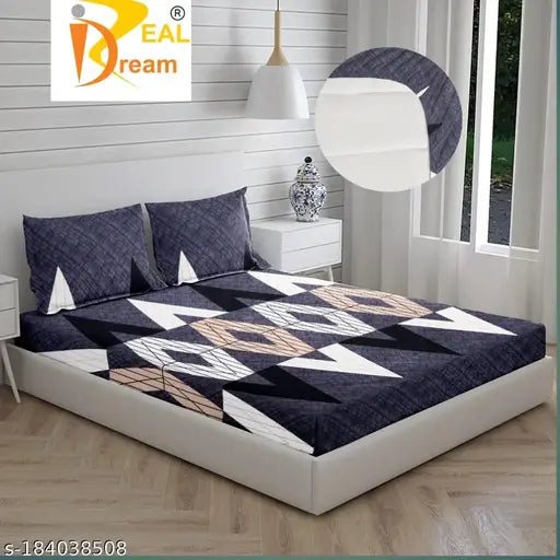 Purple Glace Cotton geometric-pattern fitted bedsheet set with 2 pillow covers, superfine quality for adult use in summer seasons. Soft, comfortable, and machine washable (double size). Made in India