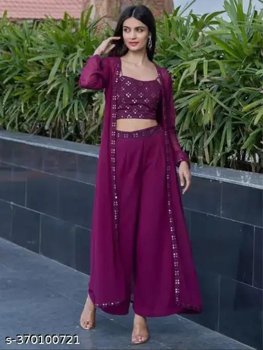 Embroidered Georgette Palazzo Top & Net Shrug, Indian crafted chic outfit