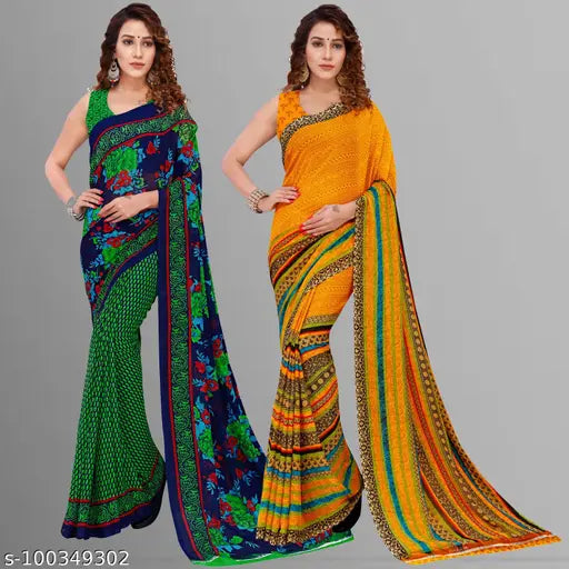 Women's daily wear sarees, set of 2 in georgette material, colorful designs