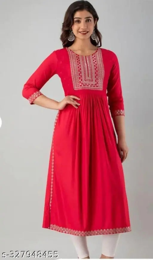 Rayon embroidered Naira Cut red Kurta with three-quarter sleeves, vibrant design, available in sizes S-XXXXL, Indian-origin festive wear